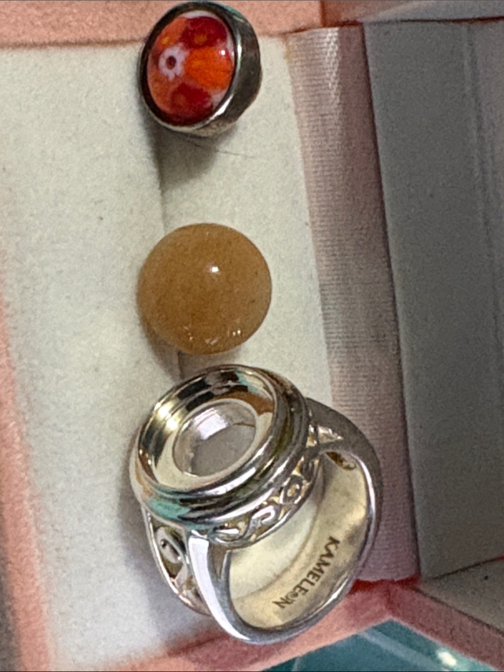 Kameleon Sterling Silver Ring Removable Orange and Amber Charms Sz 6 4A